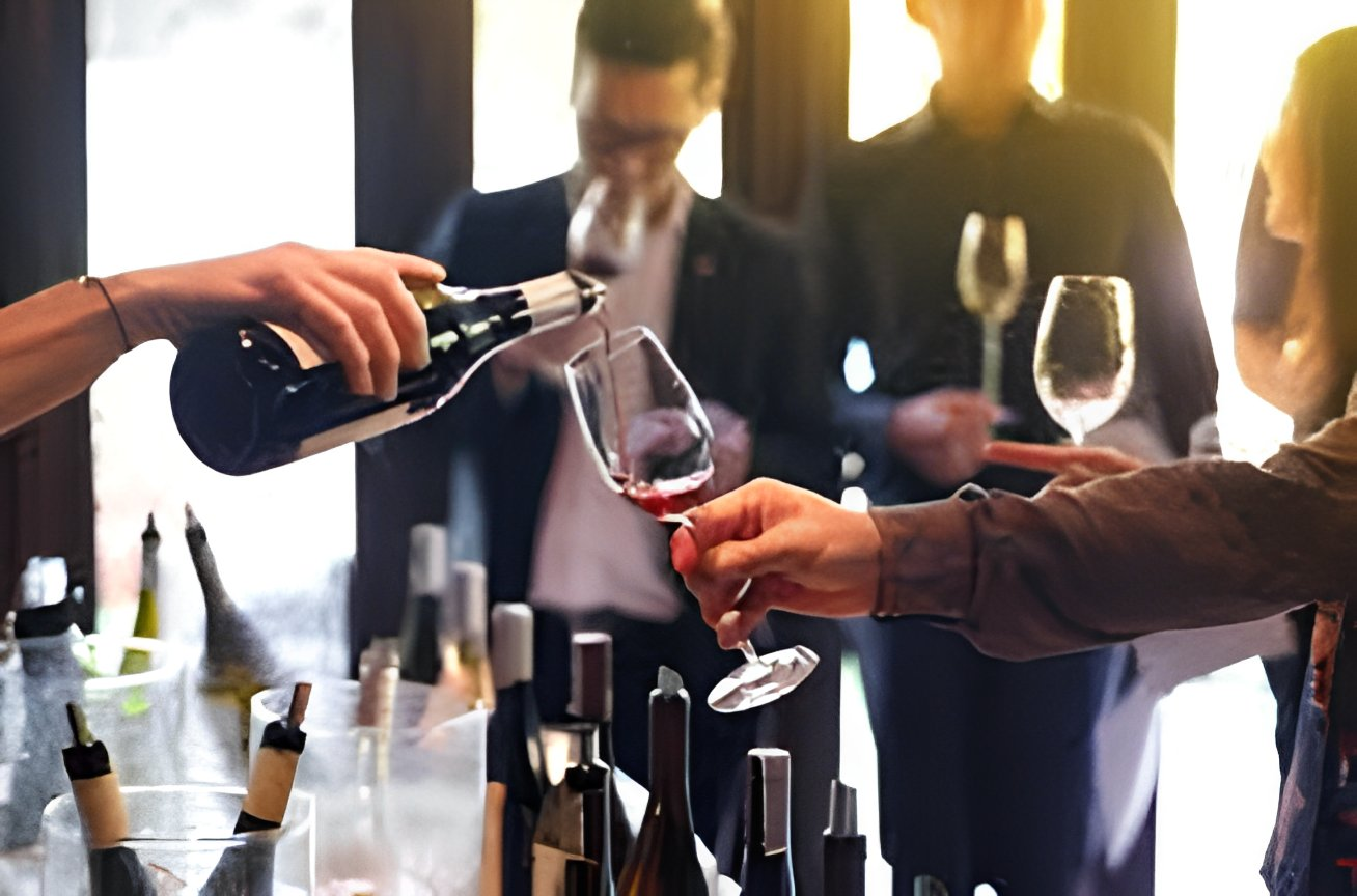 Vinsmagning med kollegaer der skåler med hvidvin